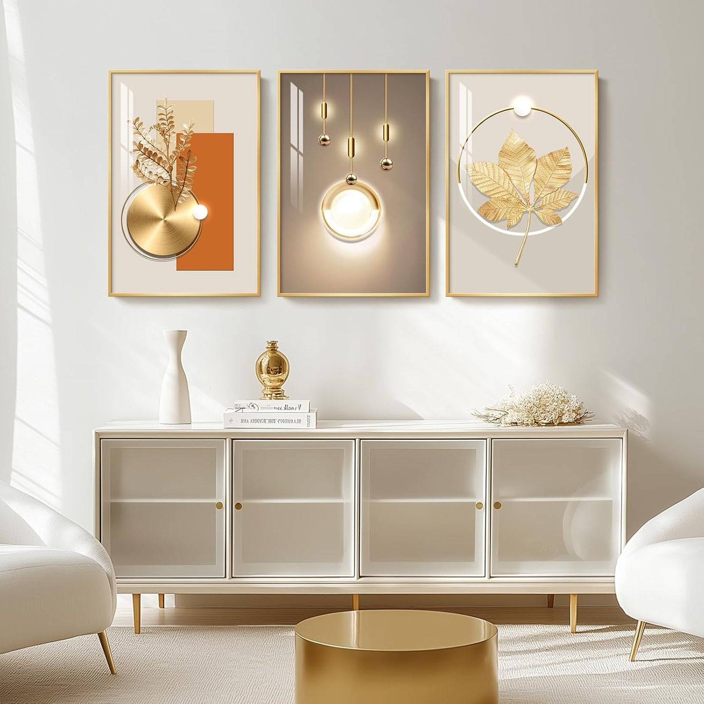 Framed Modern Luxury Gold Wall Art, Set of 3 Piece Contemporary Paintings Artwork for Walls, Golden Prints Pictures with Gold Frame, Wall Decor for Living Room, Hallway, Bedroom, Office 16x24 Inch