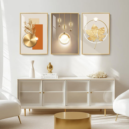 Framed Modern Luxury Gold Wall Art, Set of 3 Piece Contemporary Paintings Artwork for Walls, Golden Prints Pictures with Gold Frame, Wall Decor for Living Room, Hallway, Bedroom, Office 16x24 Inch