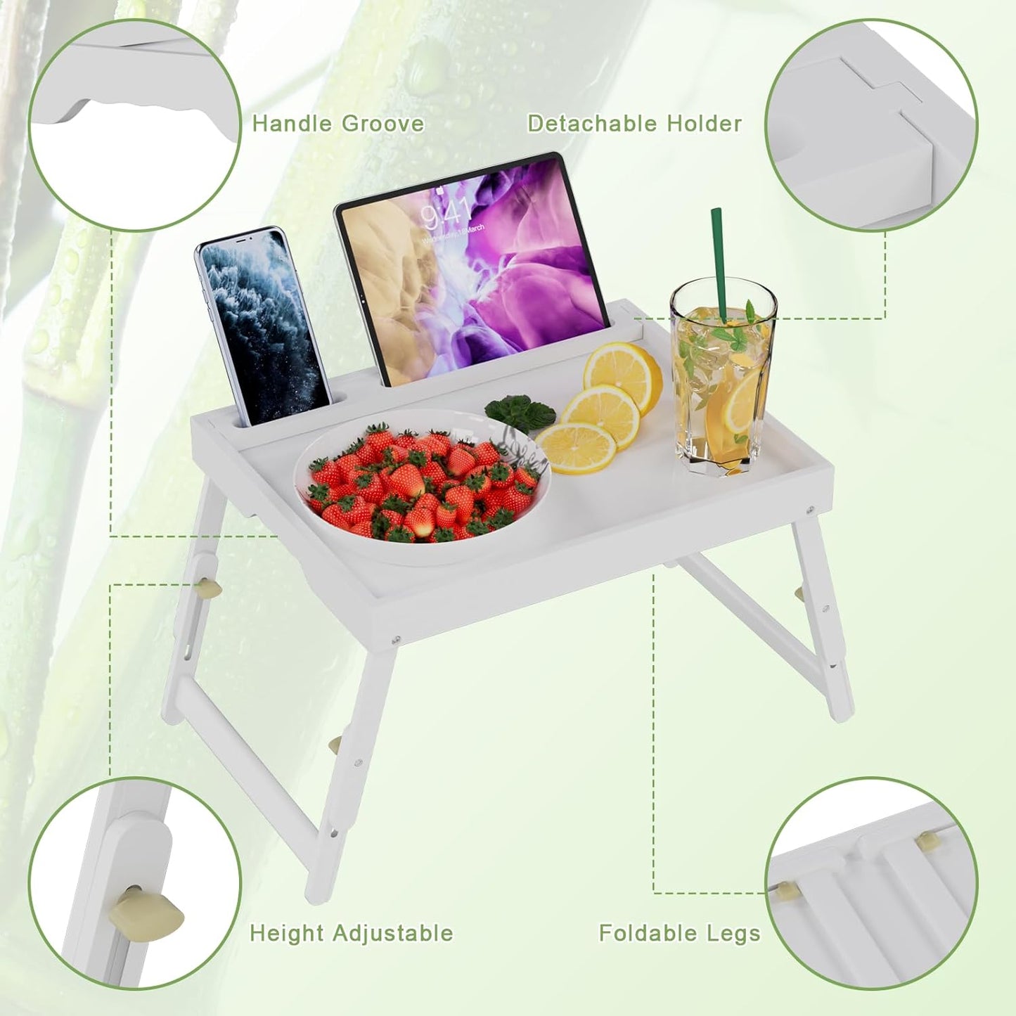 Bed Tray Table with Handles Folding Legs,Bamboo Breakfast Food Tray with Media Slot,Use As Platter,Laptop Desk,Snack,TV Tray Kitchen Serving Tray Black Large