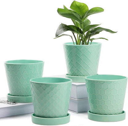 BUYMAX Plant Pots Indoor –5 inch Ceramic Flower Pot with Drainage Hole and Ceramic Tray - Gardening Home Desktop Office Windowsill Decoration Gift, Set of 4-Plants NOT Included (Patina)