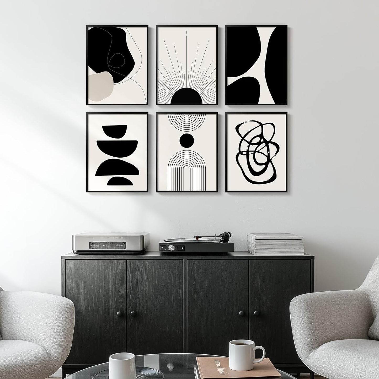 Framed Boho Black and White Brown Modern Abstract Wall Art for Living Room, Set of 6 Bohemian Wall Hanging Artwork, Minimalist Sun Geometric Pictures for Bedroom Office Bathroom Wall Decor 11x14 Inch
