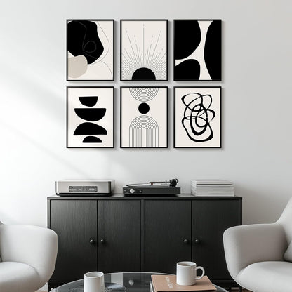 Framed Boho Black and White Brown Modern Abstract Wall Art for Living Room, Set of 6 Bohemian Wall Hanging Artwork, Minimalist Sun Geometric Pictures for Bedroom Office Bathroom Wall Decor 11x14 Inch