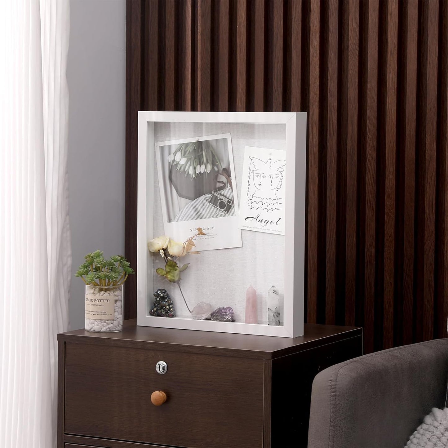 Muzilife 8x8 Shadow Box Picture Frame with Linen Board - Deep Wood & Glass Display Case Ready to Hang Memory Box Baby Sports Memorabilia, Pins, Awards, Medals, Wedding, Tickets and Photos (Black)