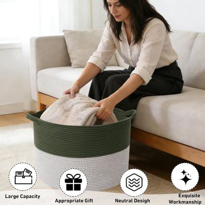Large Woven Blanket Basket,65L Cotton Rope Laundry Basket Hamper with Handles, Decorative Nursery Basket Storage Bin for Toys, Clothes Organizer, Living Room, Bedroom, Bathroom, White & Brown