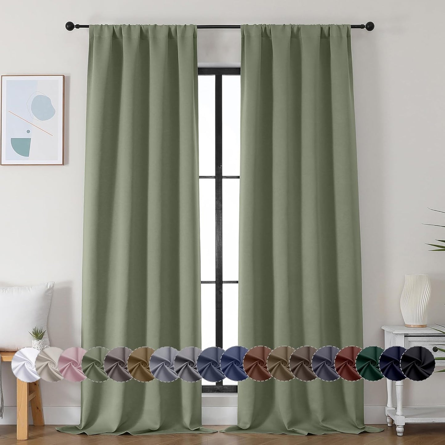 Simplebrand Ava Sage Green Blackout Curtains for Bedroom 63 Inch Length 2 Panels Set, Solid Thermal Insulated Energy Saving Rod Pocket Window Treatment Curtains Blackout Drapes, W40 x L63 Inch, Sage - Colors A