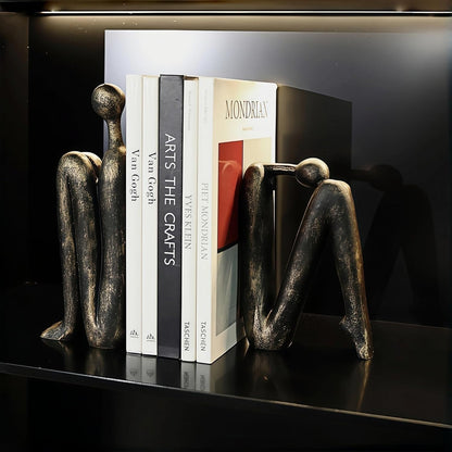 Resin Book Ends, Abstract Thinker Modern Minimalist Decorative Sculpture Bookends, Non-Slip Heavy Duty Bookends for Shelves for Home Office Shelves Desk, Set of 2 (Brown & White)