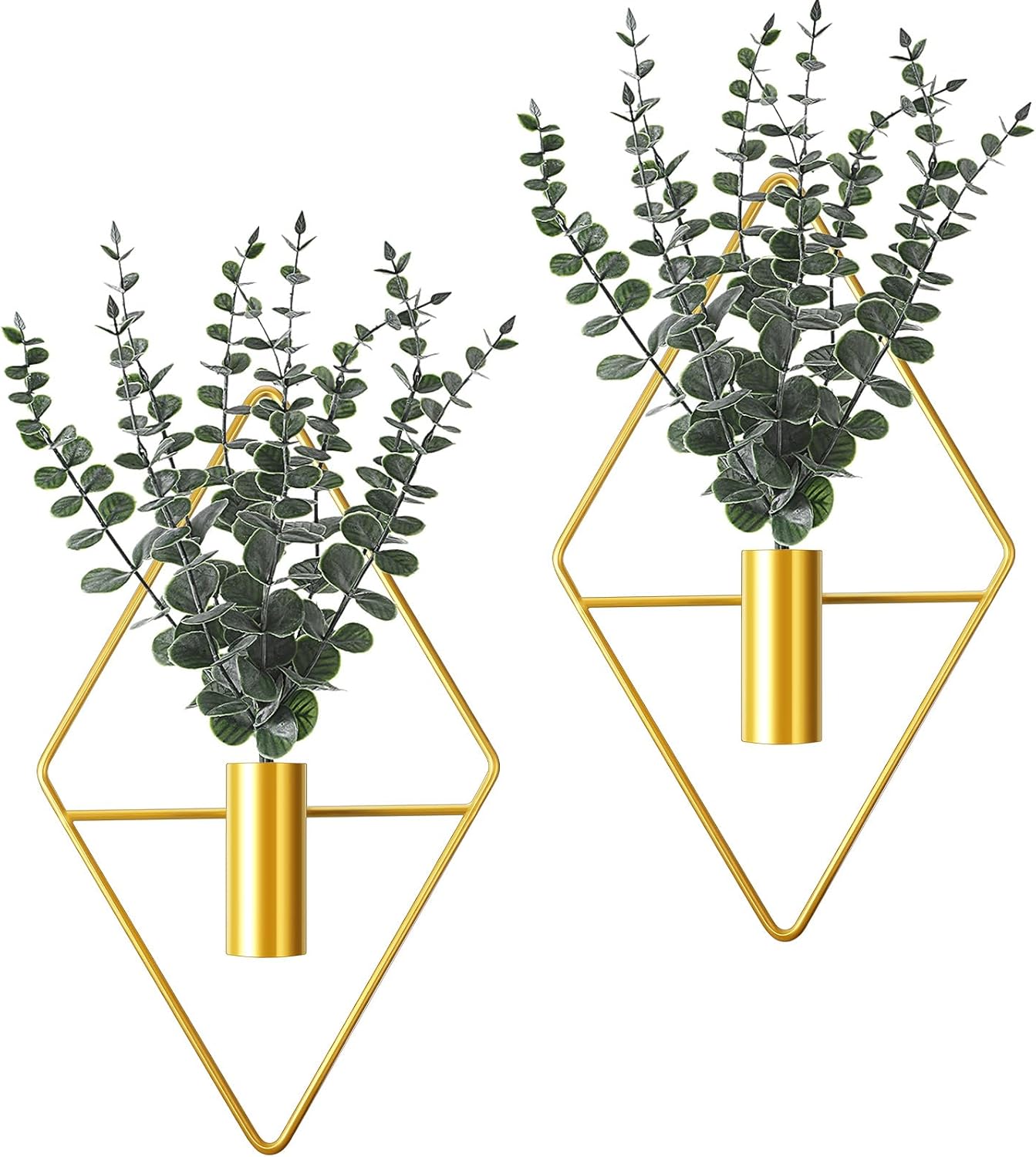 Jexine 4 Pcs Hanging Planters with Artificial Eucalyptus Metal Hanging Vase Indoor Plants Holder Modern Geometric Boho Bathroom Wall Decor for Living Room Home Office(Black)