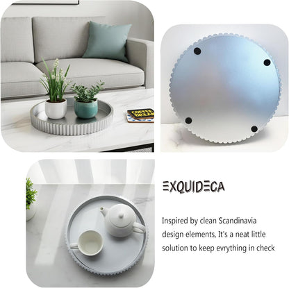 Modern Table Round Decorative Trays 2pcs Home Decor - Circle Coffee Table Centerpiece Set 12"/10" - Wooden Cool Grey Ottoman Tray with Fluted Edge