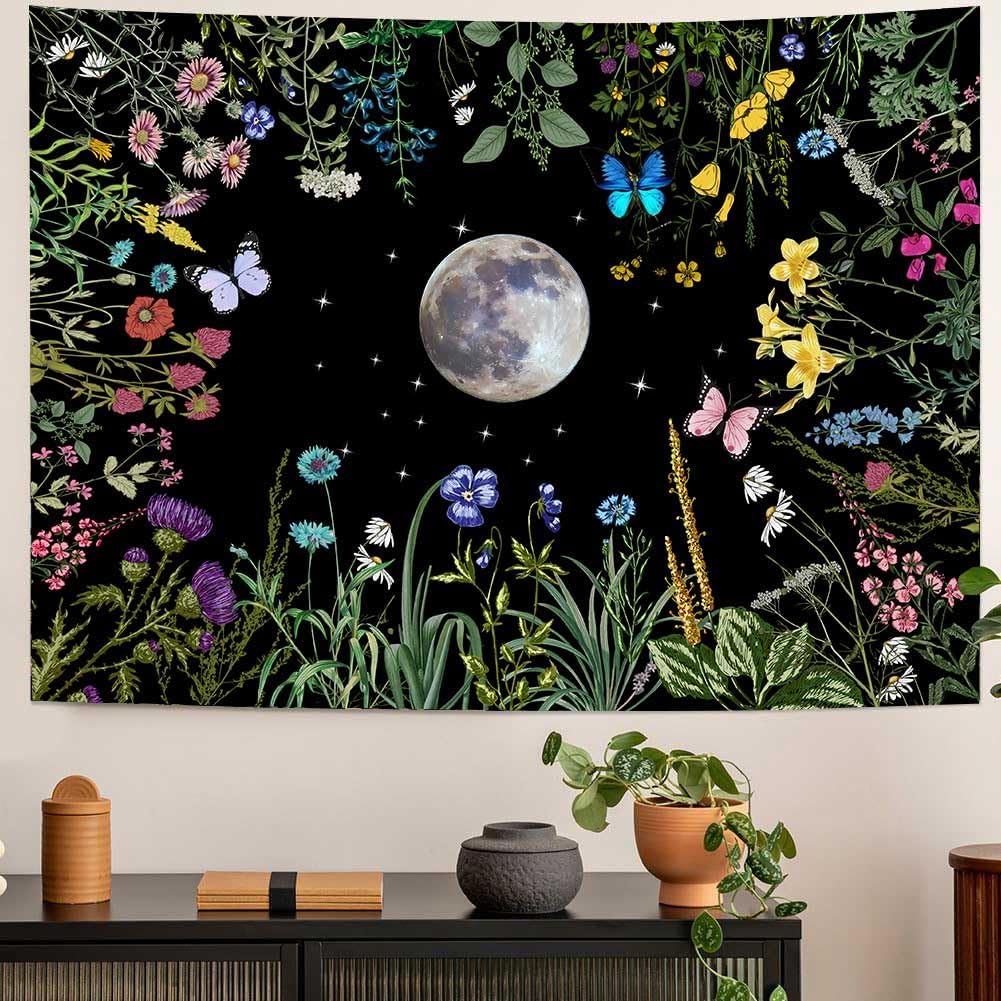 TPMDFC Moon Garden Tapestry, 80x60inch, Boho Moon Floral Tapestry for Bedroom Nature Flowers Plants Tapestries Wall Hanging for Living Room Dorm