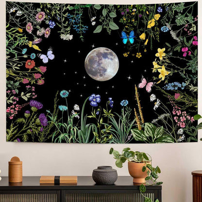 TPMDFC Moon Garden Tapestry, 80x60inch, Boho Moon Floral Tapestry for Bedroom Nature Flowers Plants Tapestries Wall Hanging for Living Room Dorm