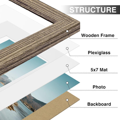 Vittanly 8x10 Picture Frames Set of 9, Shatter Resistant Plexiglass, Display 5x7 Pictures with Mat or 8x10 without Mat, Photo Frames for Wall or Tabletop, Engineered Wood, Black - Colors B