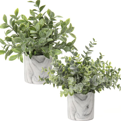 Hollyone Mini Artificial Potted Plants Fake Plants in Marble Pots, 1Pcs Plastic Eucalyptus Greenery Faux Plants for Home Office Desk Room Centerpiece Shelf Décor