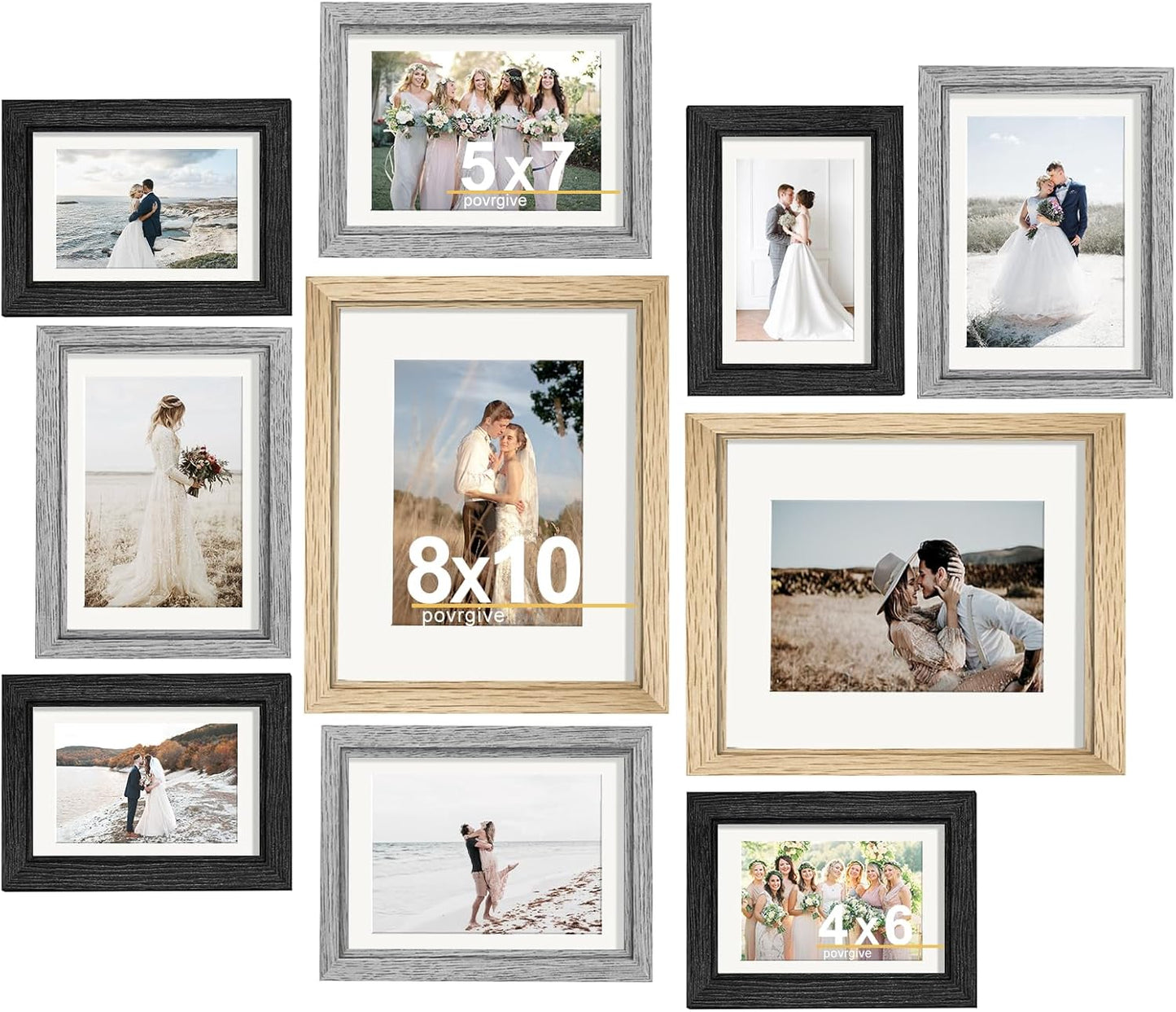 Povrgive Picture Frames, Made of Real Glass and Wooden Frame, Gallery Photo Frames Set of 10 for Collage Wall Decor, Multi Sizes Including 8x10, 5x7, 4x6 for Mounting or Tabletop Display, Wood