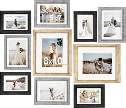 Povrgive Picture Frames, Made of Real Glass and Wooden Frame, Gallery Photo Frames Set of 10 for Collage Wall Decor, Multi Sizes Including 8x10, 5x7, 4x6 for Mounting or Tabletop Display, Wood
