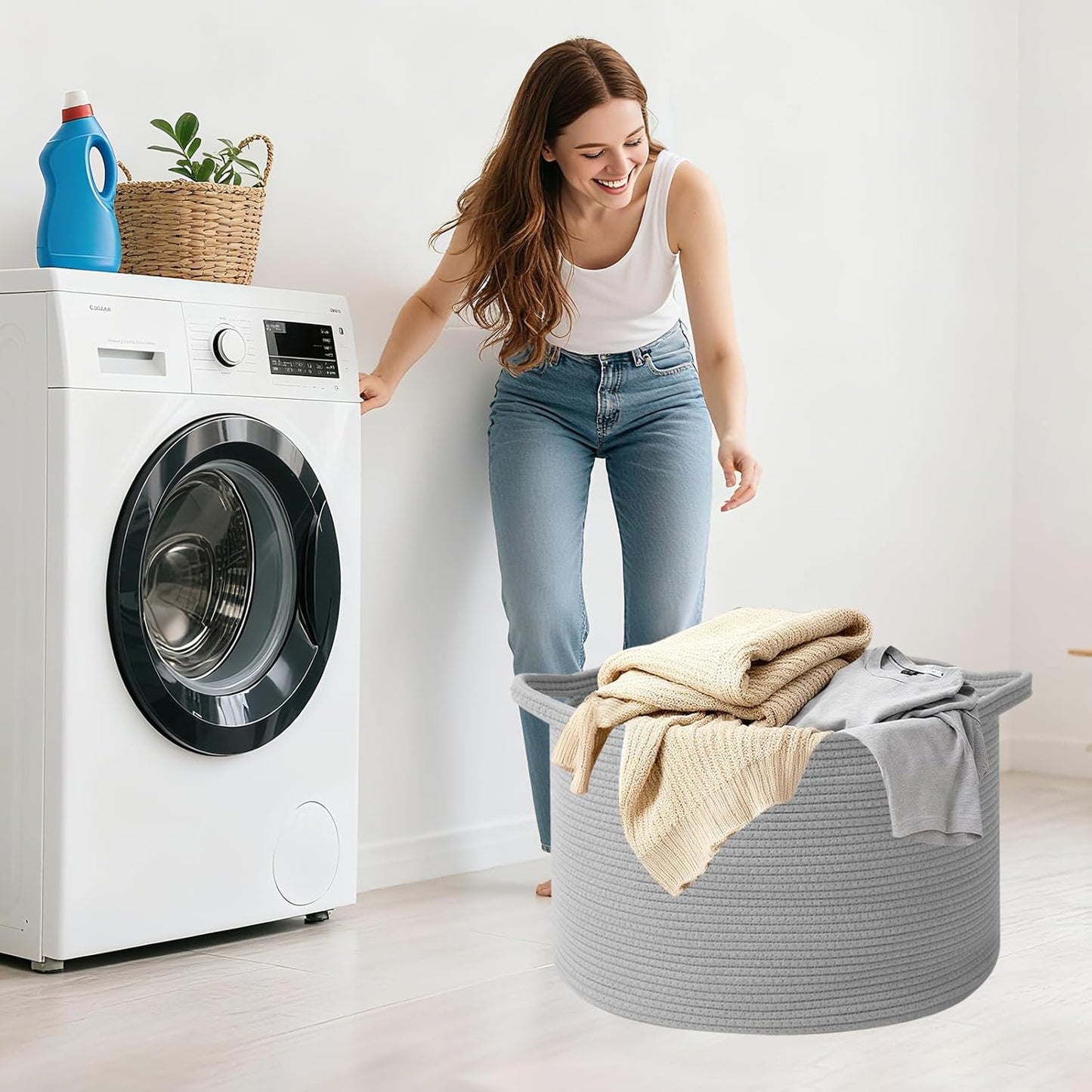 Large Woven Blanket Basket,65L Cotton Rope Laundry Basket Hamper with Handles, Decorative Nursery Basket Storage Bin for Toys, Clothes Organizer, Living Room, Bedroom, Bathroom, White & Brown
