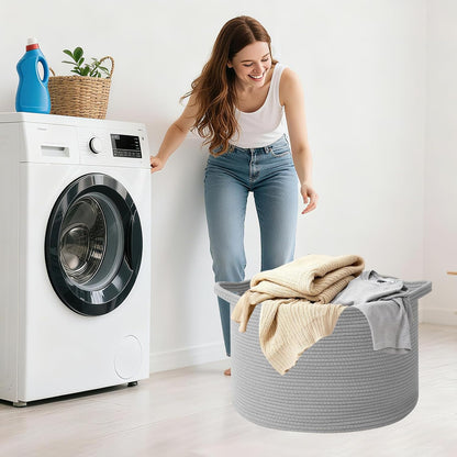 Large Woven Blanket Basket,65L Cotton Rope Laundry Basket Hamper with Handles, Decorative Nursery Basket Storage Bin for Toys, Clothes Organizer, Living Room, Bedroom, Bathroom, White & Brown