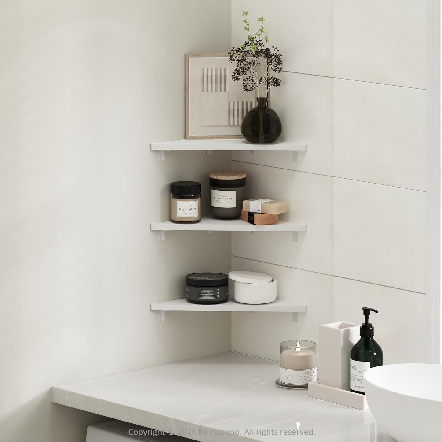 Furinno Rossi 5-Tier Wall Mount Floating Radial Corner Shelf, White