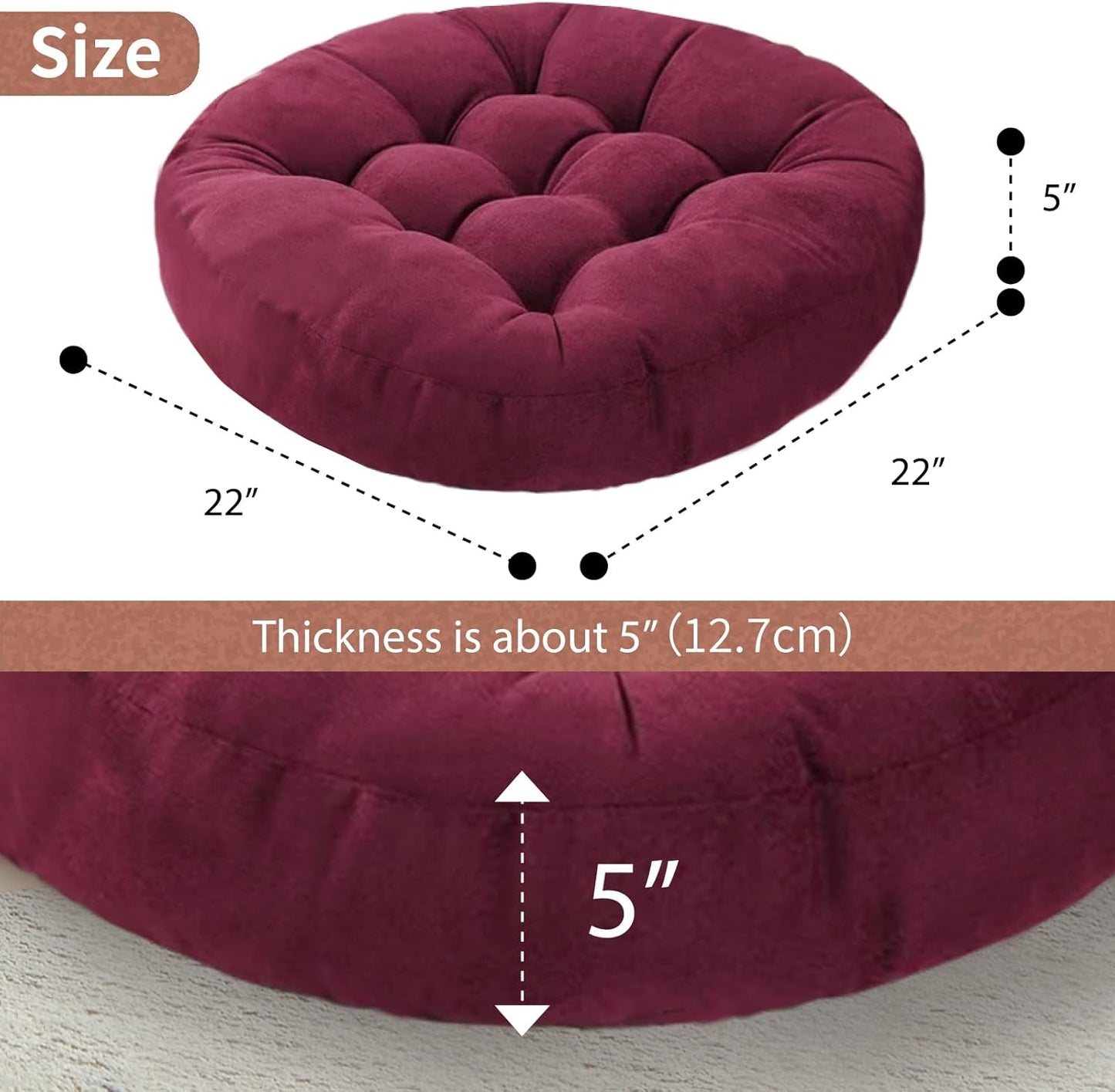 Meditation Floor Pillow Set of 2 Large Round Floor Cushions for Adults Tufted Corduroy Floor Seat Pillows Cushion for Living Room,Wine Red 16.5" Lx16.5 Wx3 H