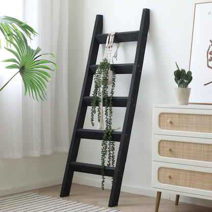 FUIN 5ft (58") Wood Blanket Ladder Living Room Decorative Wall Leaning Farmhouse Quilt Display Holder Storage Rustic Wooden Towel Rack for Bathroom, Brown