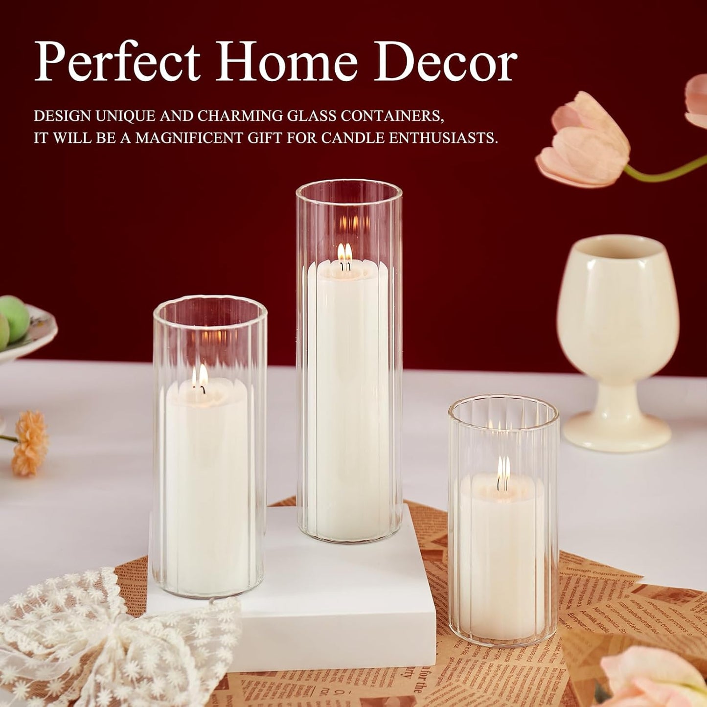 Set of 6 White Pillar Candles with Clear Glass Hurricane Holders- Elegant Cylinder Candle Vases for Weddings, Parties, Centerpieces, Home & Office Decor (White, 6 Set)