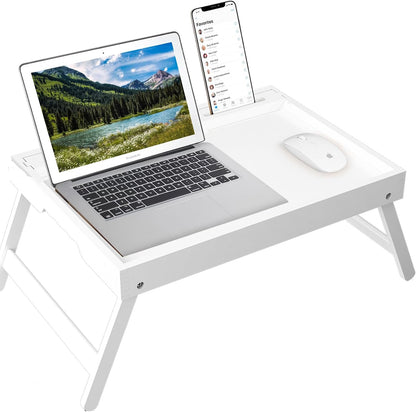 Bed Tray Table with Handles Folding Legs,Bamboo Breakfast Food Tray with Media Slot,Use As Platter,Laptop Desk,Snack,TV Tray Kitchen Serving Tray Black Large