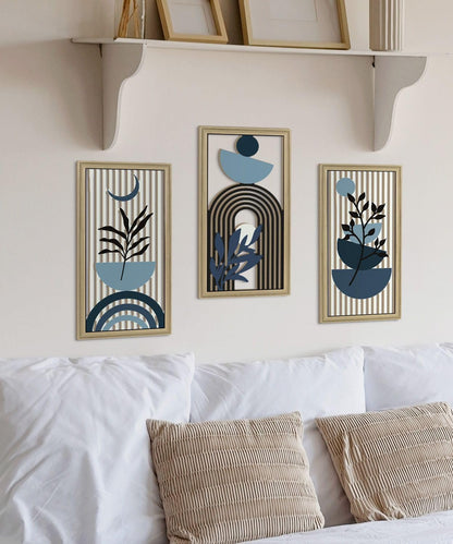 Putuo Decor Boho Abstract Wall Art, Set of 3, Modern Botanical Wooden Wall Decor, Blue Mid-Century Minimalist Framed Artwork for Living Room Bedroom, Office