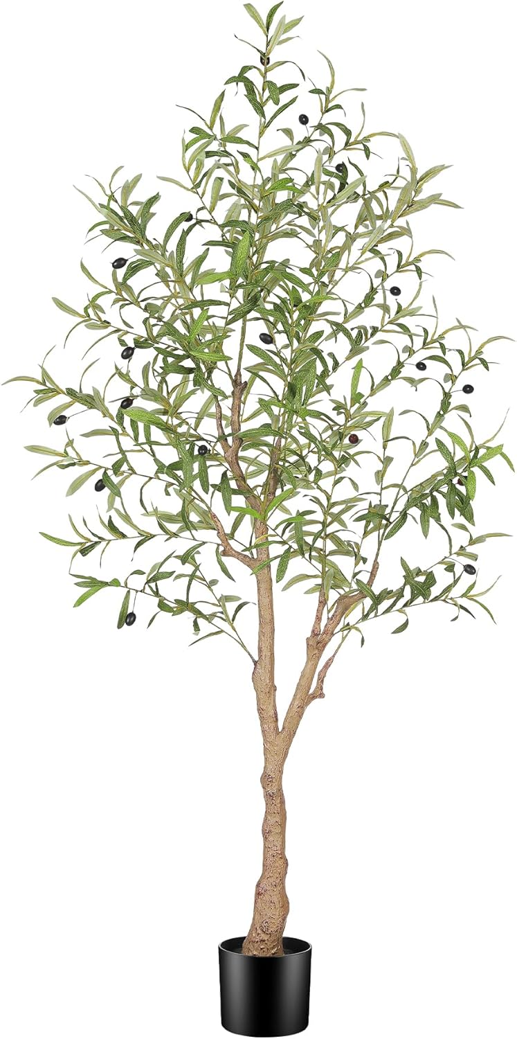 FEELEAD 7ft Faux Olive Tree - Fake Potted Olive Silk Tree with Planter Natural Olive Branches and Realistic Leaves Artificial Tree for Home House Office Decor Indoor