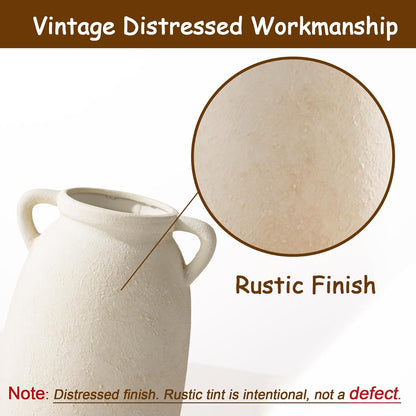 Dobbyby Ceramic Flower Vase 7.6 inch Farmhouse Rustic Vase Decorative Pottery Terracotta Vases for Home Decor Table Mantle Fireplace Living Room Bathroom Wedding Centerpiece (Whitewashed)