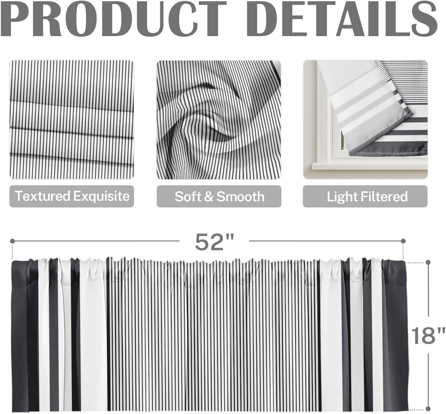 Emvency 2 Pack Dark Grey Valances Window Treatments, Gray Striped Abstract Blackout Drapes Adjustable Curtain for Windows Living Room Kitchen Over Sink, 52x18 Inch Rod Pocket Valances