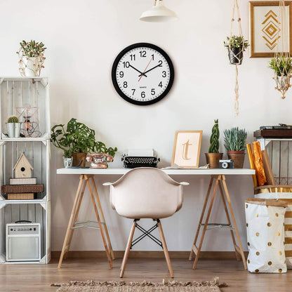 Bernhard Products Black Wall Clock Silent Non Ticking 10 Inch Quality Quartz Battery Operated Round Easy to Read Home/Office/Kitchen/Classroom/School Clock Sweep Movement