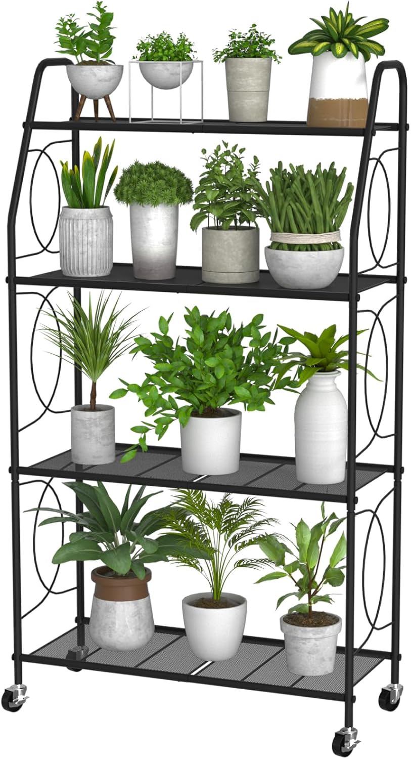 VyGrow Plant Stand, 4 Tier Plant Shelf for Indoor Outdoor, Heavy Duty Metal Tall Plant Stands Holder Rack for Living Room Balcony and Garden, Black