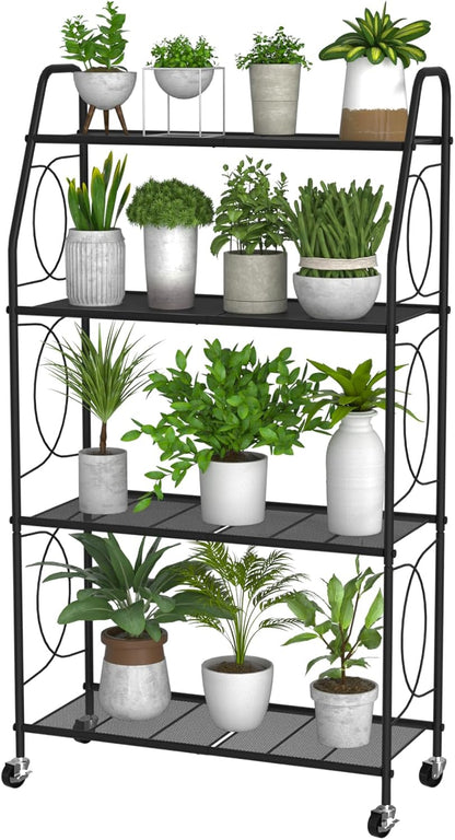 VyGrow Plant Stand, 4 Tier Plant Shelf for Indoor Outdoor, Heavy Duty Metal Tall Plant Stands Holder Rack for Living Room Balcony and Garden, Black