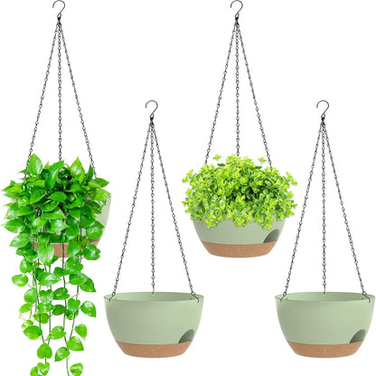 8 Inch Hanging Planters for Indoor Outdoor Plants, 4 Pack Black Plastic Self Watering Hanging Baskets with Drainage Holes and Chain for Garden Porch