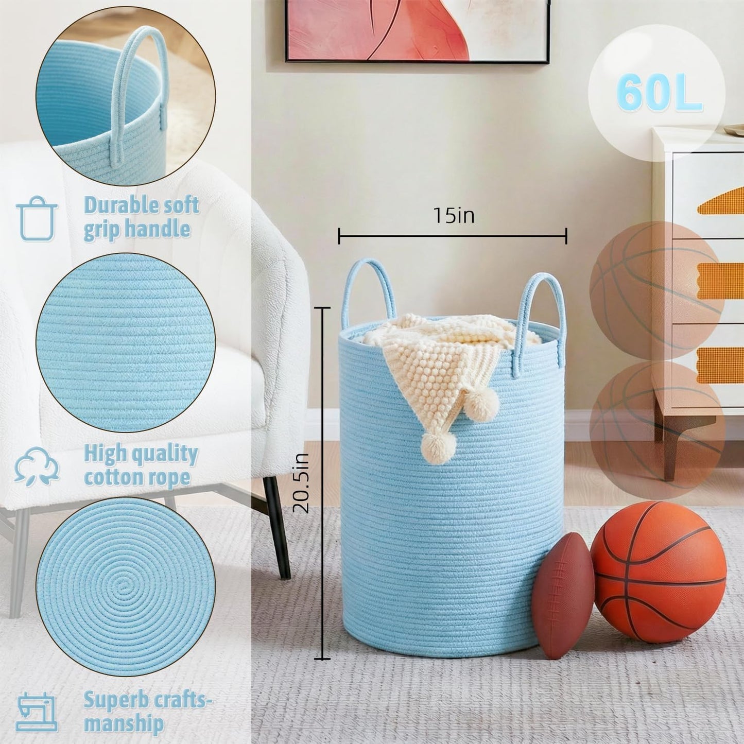 Artfeel Laundry Basket,Woven Cotton Rope Laundry Hamper,60L for Decor Storage of Dirty Clothes,Toys and Blankets in Bathroom,Baby Room and Living Room