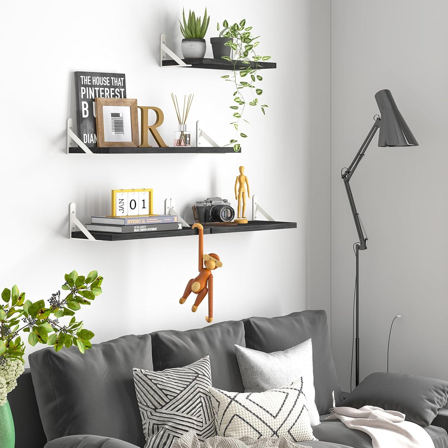 YGEOMER Floating Shelves for Wall, Different Sizes Dark Carbonized Brown Wall Shelves for Living Room, Bathroom, Bedroom, Kitchen, Home Decor (Set of 4)