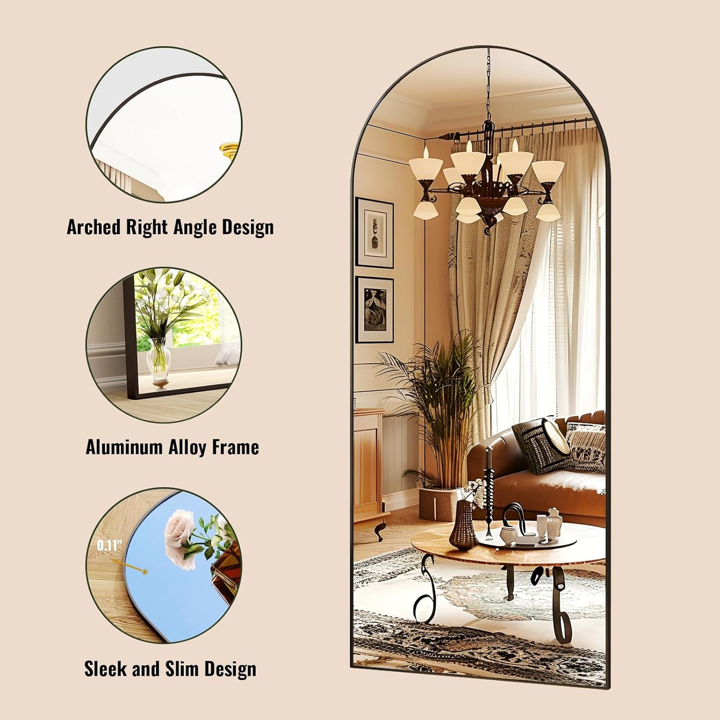 XRAMFY 56"x21" Arched Full Length Mirror Floor Mirrors with Aluminum Alloy Frame Free-Standing Wall Mounted Floor Mirrors or Large Dressing Mirror, Black Mirror Full Length