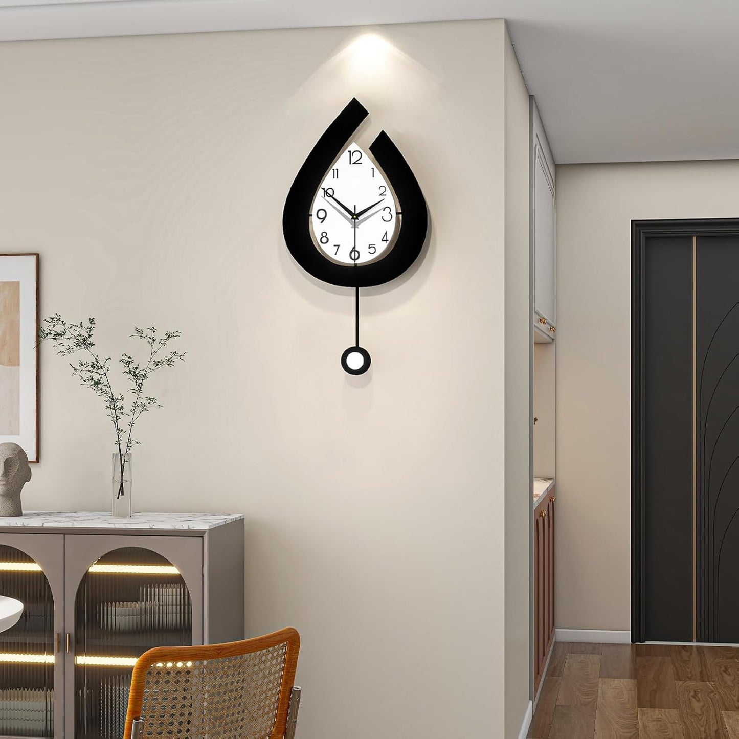 Decorative Wall Clock for Living Room Decor Large Modern Wall Clocks with Pendulum Battery Operated for Bedroom Office Kitchen Home Small Black Silent Wall Clock Non Ticking 11.8*22.4 Inch