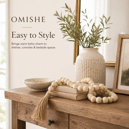 OMISHE Extra Large Wood Bead Garland with 1.6" Diameter Wooden Beads and Tassels, 41" Long Rustic Farmhouse Country Decorative Beads for Home Tiered Tray Decor, Natural Beige
