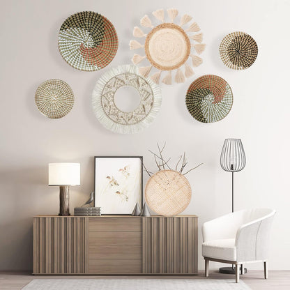 Boho Wall Basket Decor Set of 8 - Flat Woven Basket Wall Hanging Decor,Round Tassels White Macrame Tapestry Wall Decor Art,Handmade Rattan Wicker Seagrass Home Wall Baskets Decor（Boho Classic)