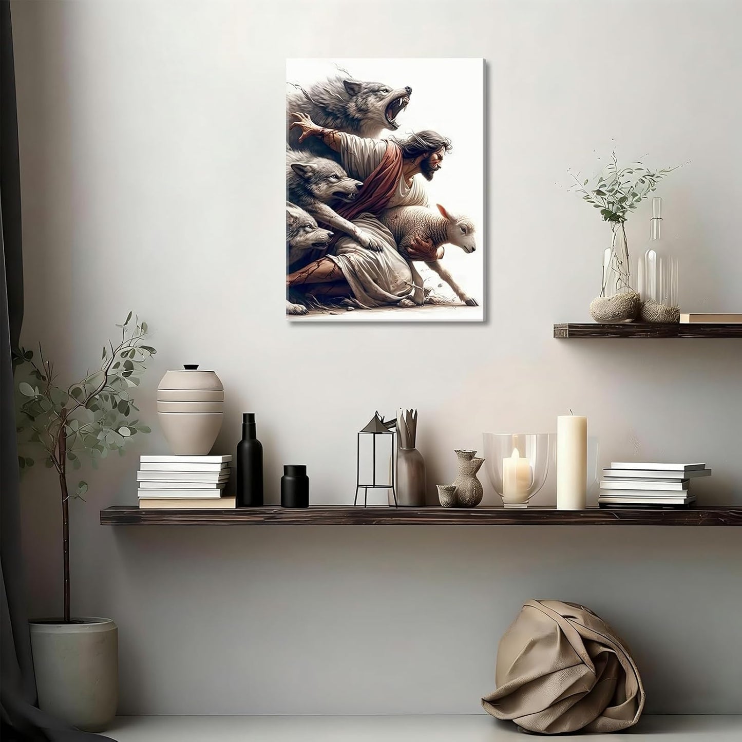 Abstract Jesus Walking on Water Canvas Wall Art Christian Spiritual Wall Decor Pictures Divine Light Modern Religious Posters Prints for Living Room Bedroom Church Decoration 12x16in