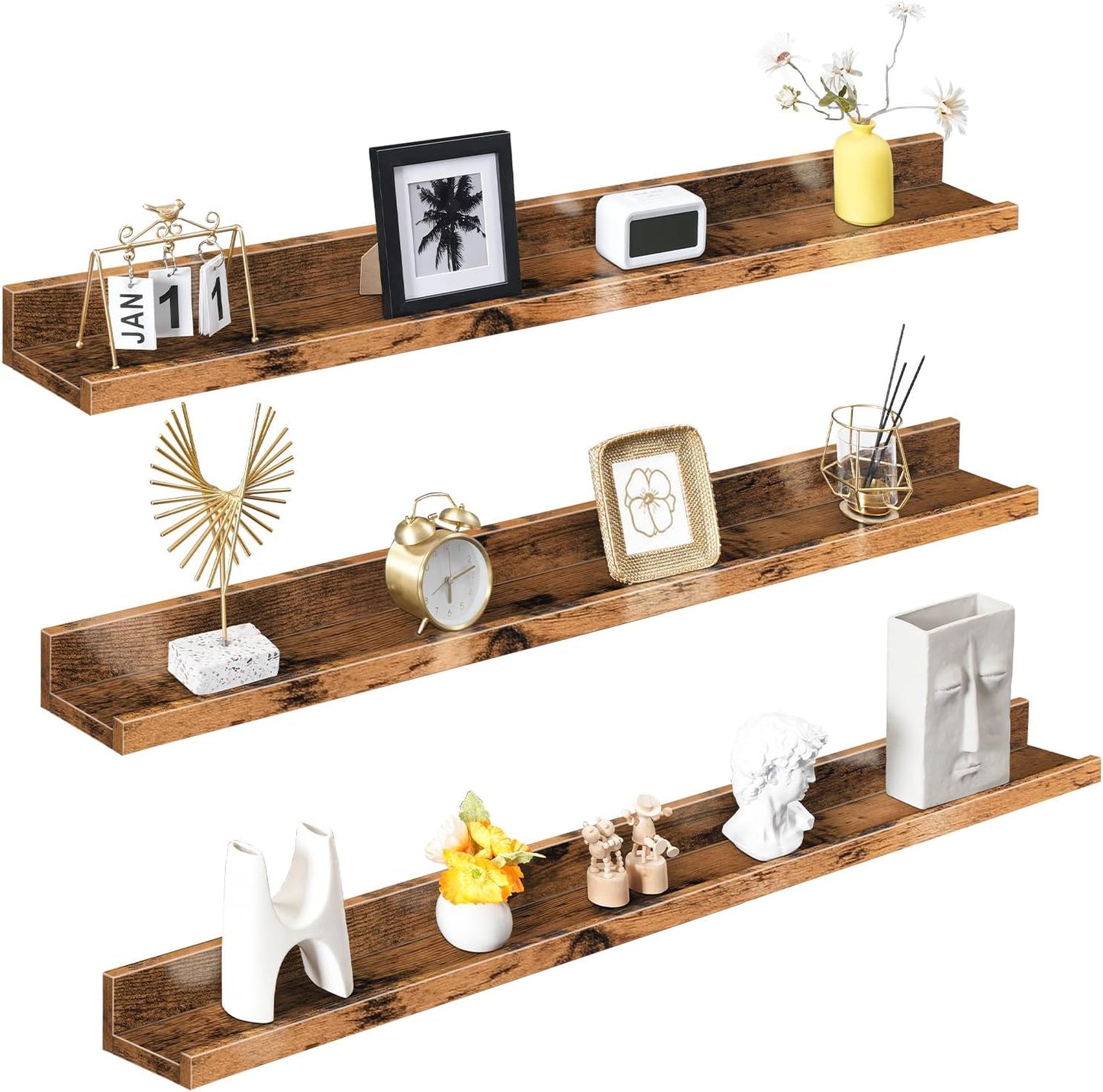 HOOBRO Floating Shelves, Wall Shelf Set of 3, 35.4 Inches Hanging Shelf with Raised Edge and Invisible Brackets, for Bathroom, Bedroom, Kitchen, Office, Living Room Decor, Rustic Brown BF90BJ01