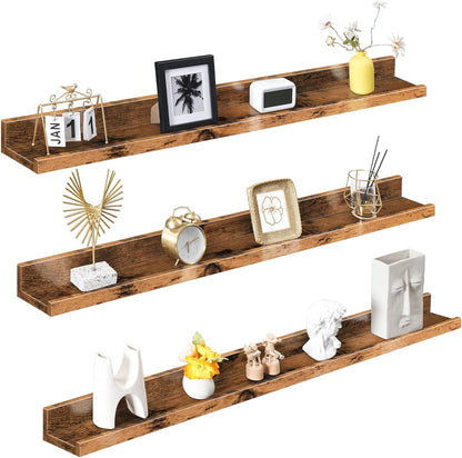 HOOBRO Floating Shelves, Wall Shelf Set of 3, 35.4 Inches Hanging Shelf with Raised Edge and Invisible Brackets, for Bathroom, Bedroom, Kitchen, Office, Living Room Decor, Rustic Brown BF90BJ01