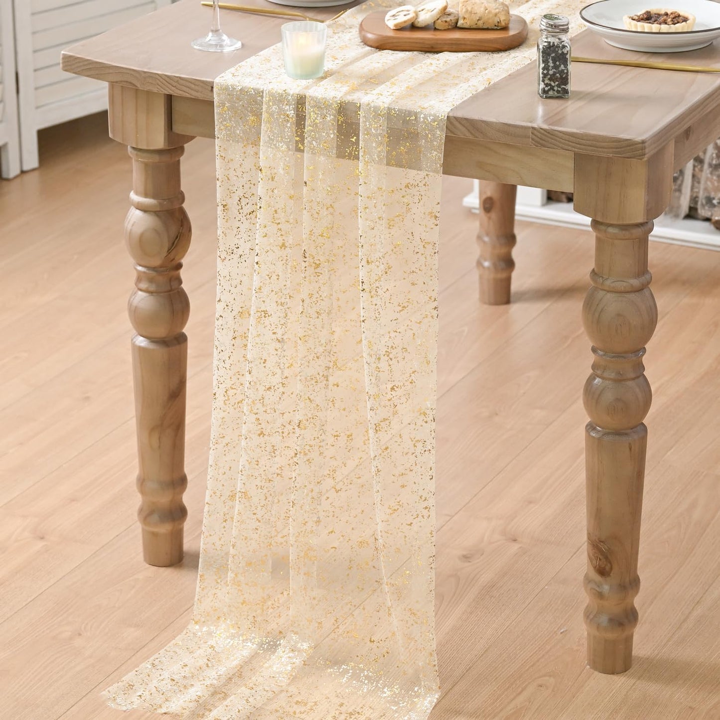 Artoid Mode Beige Gold Gauze Table Runner 120 Inch 10FT, Glitter Metallic Foil Sheer Dining Wedding Anniversary Holiday Birthday Table Decor for Home Party