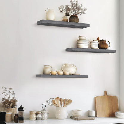 BAYKA Floating Shelves for Wall, Set of 3, Wall Mounted Rustic Wood Shelves for Bathroom, Bedroom, Living Room, Kitchen, Small Hanging Shelf for Books/Storage/Room Decor, Walnut-Like, 15.7in