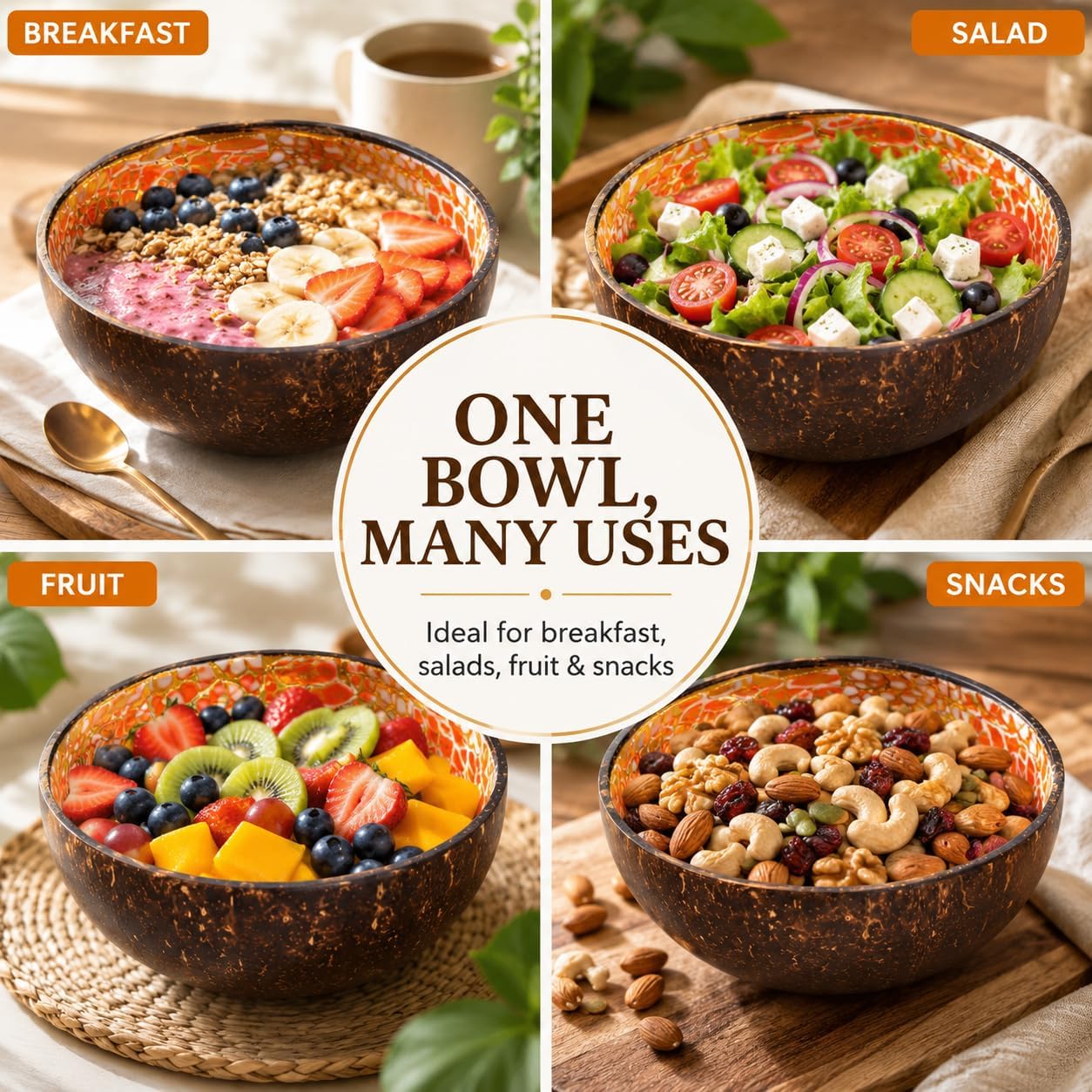 ChezMax Natural Coconut Bowl with Mother of Pearl Inlays - Key Bowl & Fruit Snack Holder (Blue-Gold)