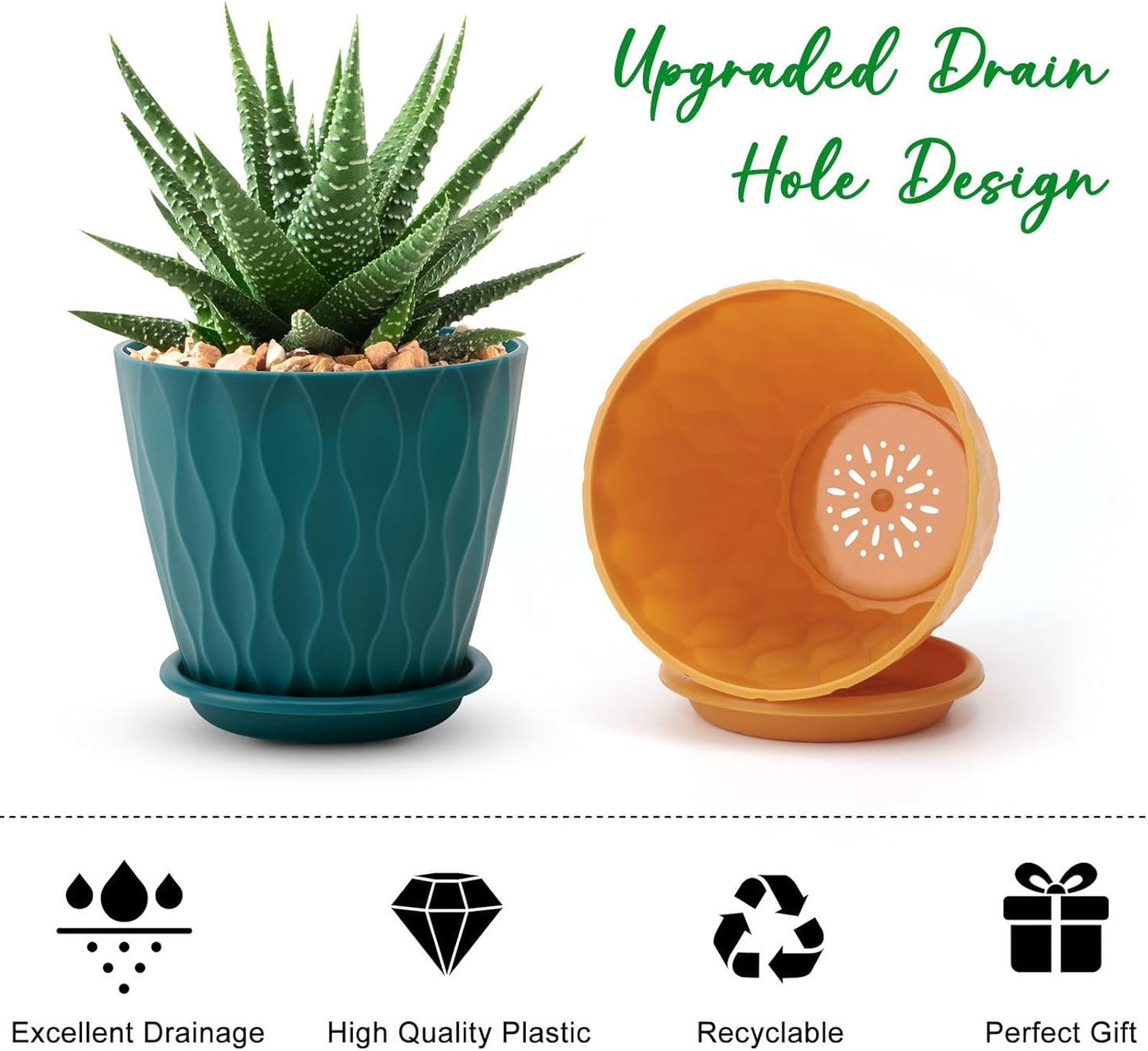 YNNICO 6 inch Plant Pots, 5 Pack Flower Pots Outdoor Indoor, Planters with Drainage Holes and Tray Saucers（Multicolor）