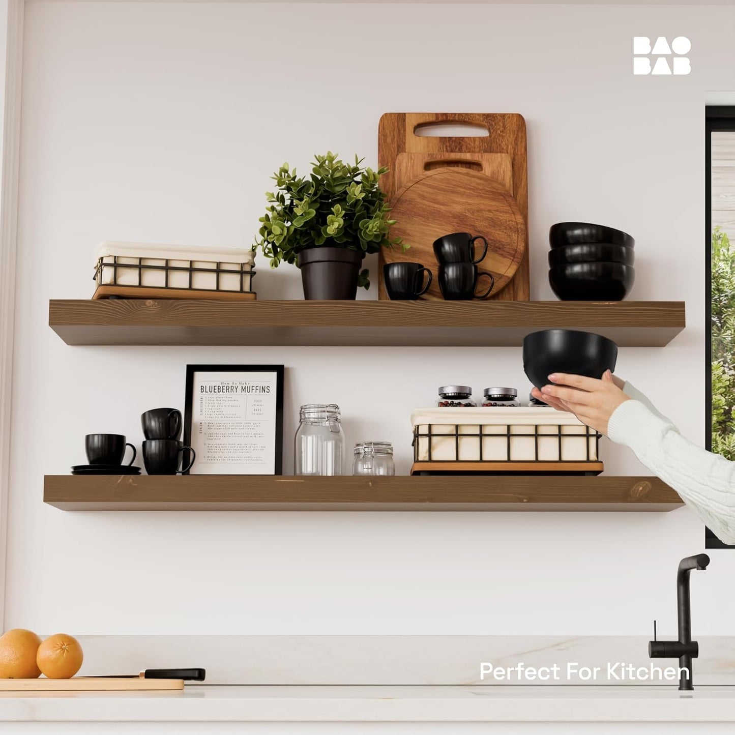 BAOBAB WORKSHOP Wood Floating Shelves for Wall Mounted, 16 inch Walnut Floating Shelf for Bathroom, Solid Wooden Wall Shelves for Kitchen Bedroom Farmhouse, Walnut Finish, 16 x 6.7, Set of 2