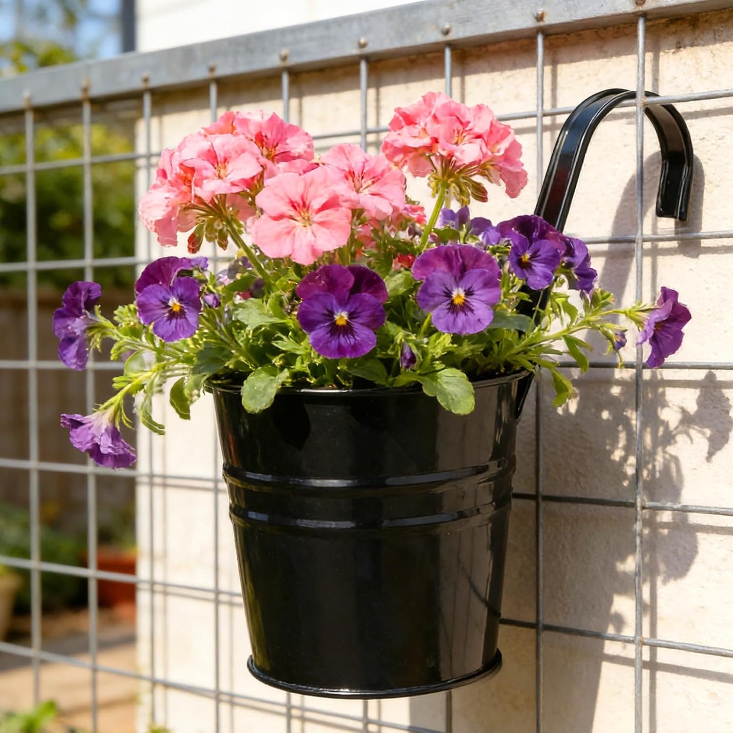 KINGLAKE Flower Pots,10 Pcs Metal Iron Hanging Flower Plant Pots Balcony Garden Plant Planter Baskets Fence Bucket Pot 4'' Flower Holders with Detachable Hook