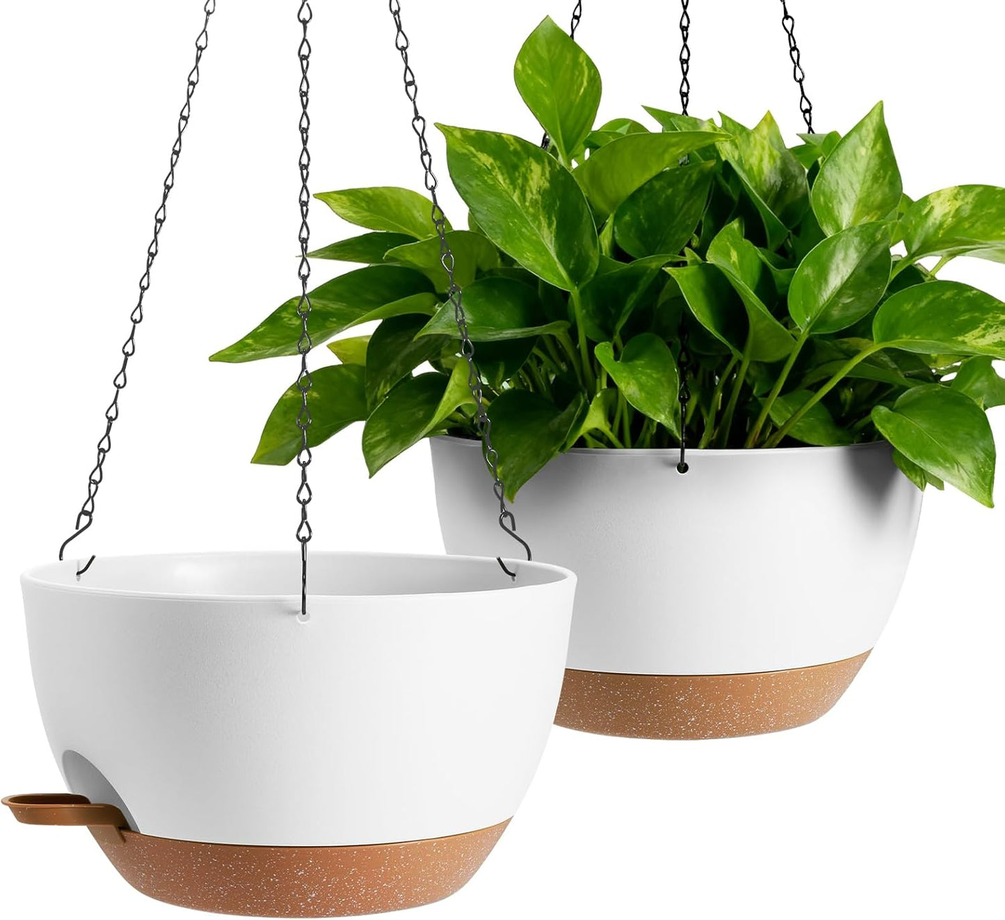 3-Piece Set of 10-Inch Hanging Planters with Automatic Watering System and Drip Tray, Includes Metal Chain, Suitable for Various Indoor and Outdoor Plants and Flowers, Green Brown
