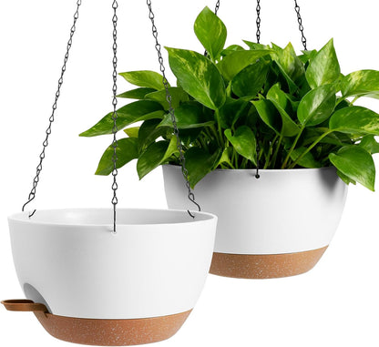 3-Piece Set of 10-Inch Hanging Planters with Automatic Watering System and Drip Tray, Includes Metal Chain, Suitable for Various Indoor and Outdoor Plants and Flowers, Green Brown